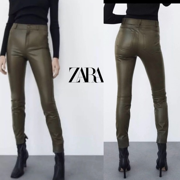 Zara dark olive green faux leather high-rise slim legging pants M zipper ankle - Picture 3 of 16